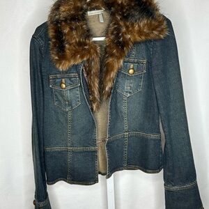 Classiques Entier Dark Denim Jacket with Faux Fur Trim